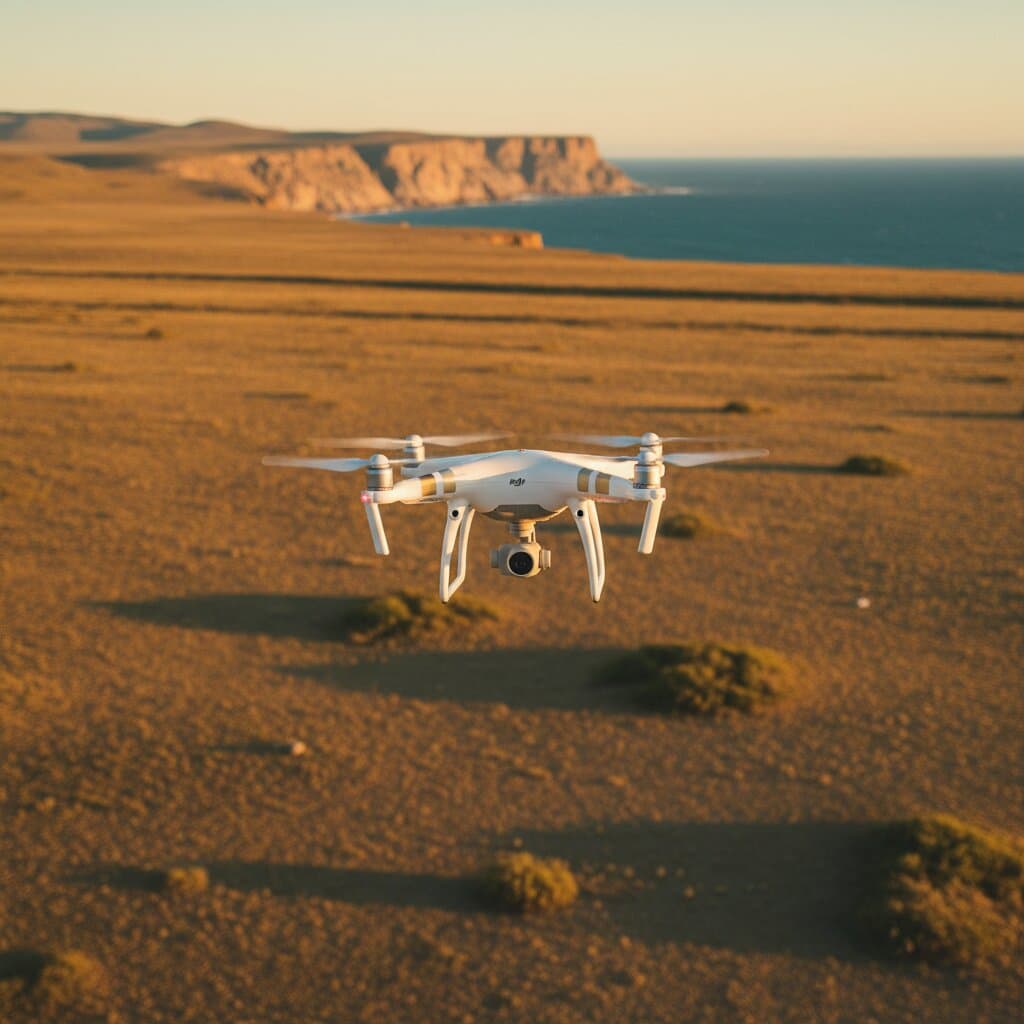 DJI drone sobrevolando la estepa patagónica en hora dorada
