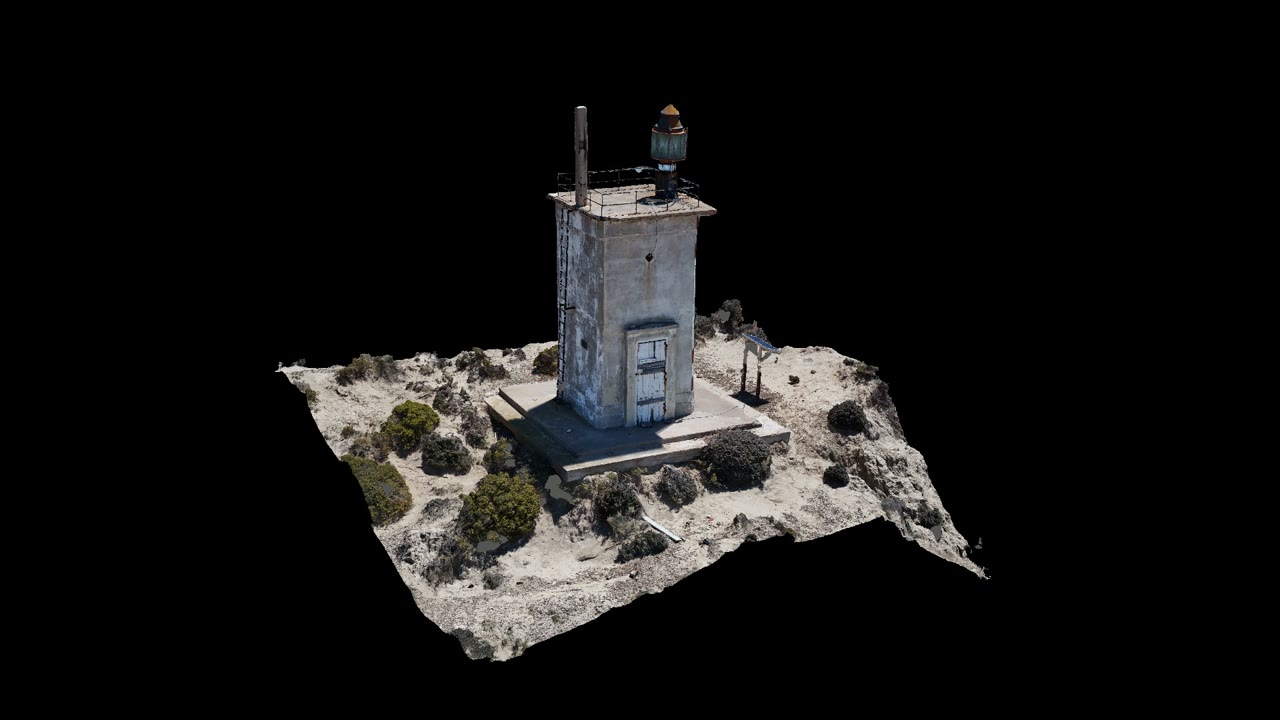 Captura de un fly-through tridimensional sobre el Faro Cabo Brown, con el faro al centro y la costa patagónica al fondo